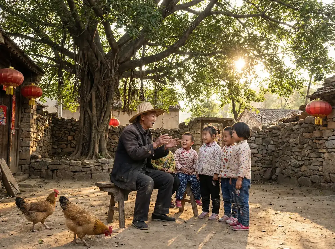 老人在大榕树下给孩子们讲故事 - 痞幼的瓜视频 乡村记忆
